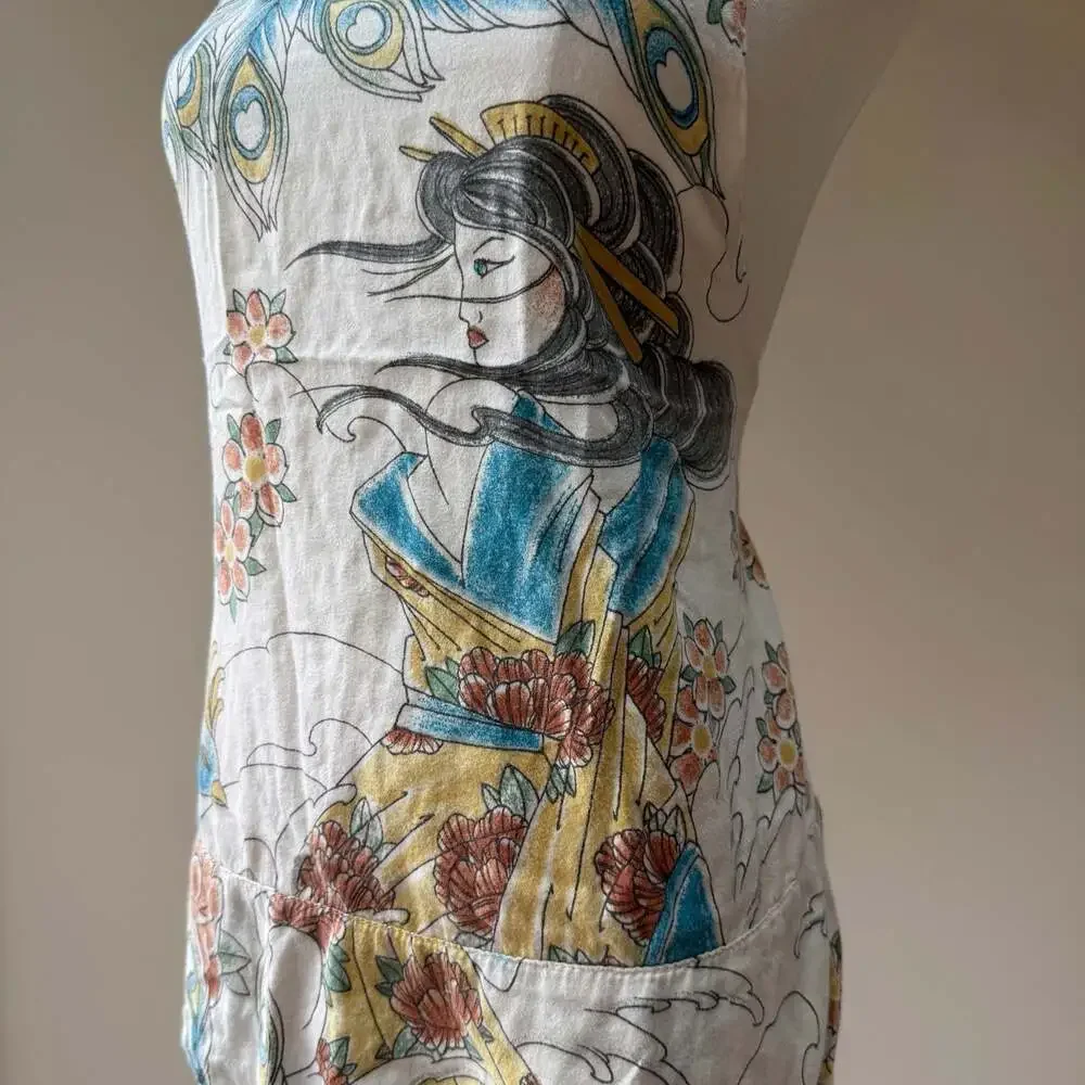 Vintage Geisha and Peacock Print Halter Apron with Pockets